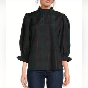 J. Marie Katrina Ruffle Mock Neck Back Bow Tie Long Sleeve Top Tartan Plaid